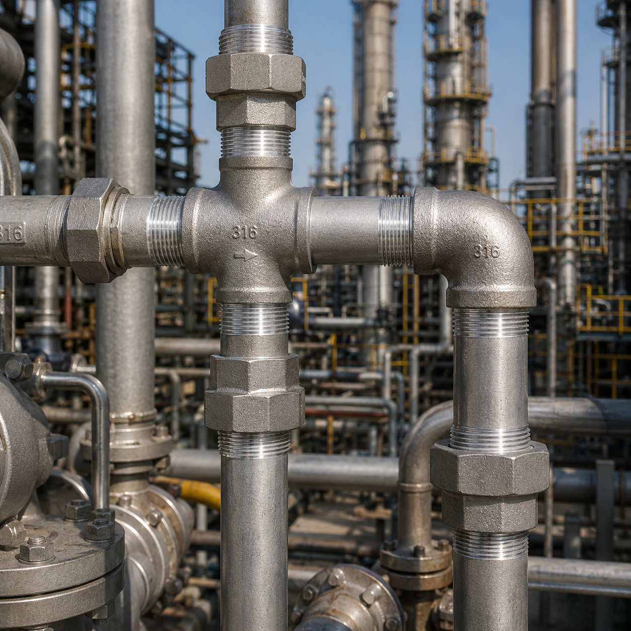 Grade 316 stainless steel pipe nipples, tees, and elbows installed in an industrial refinery piping system