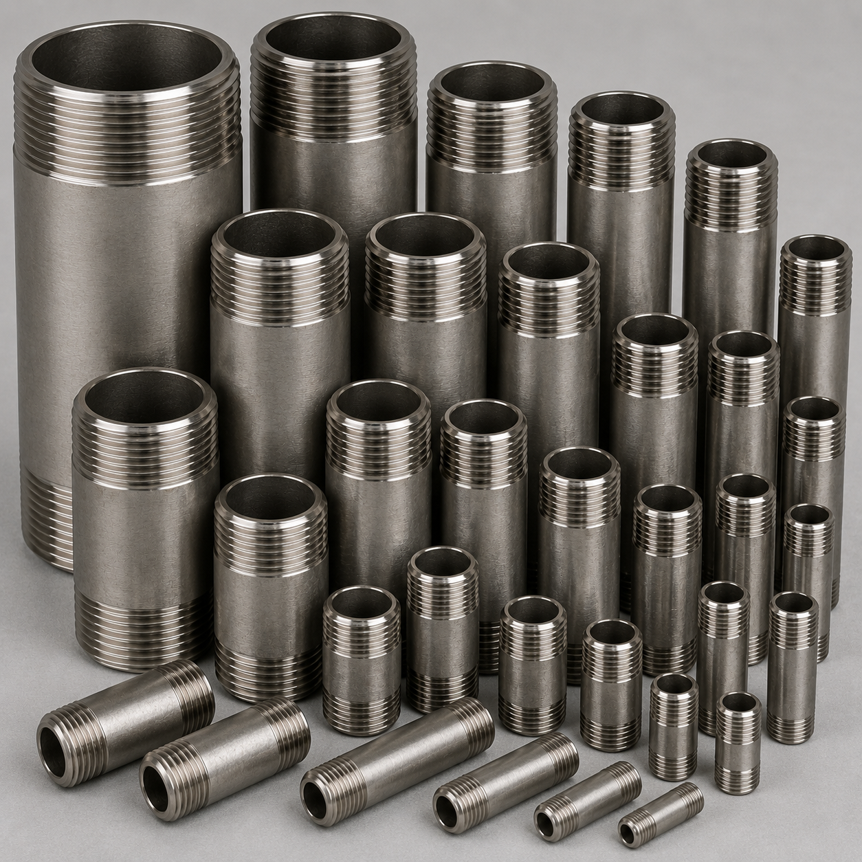 Stainless steel pipe nipples in various sizes showing precision NPT threads