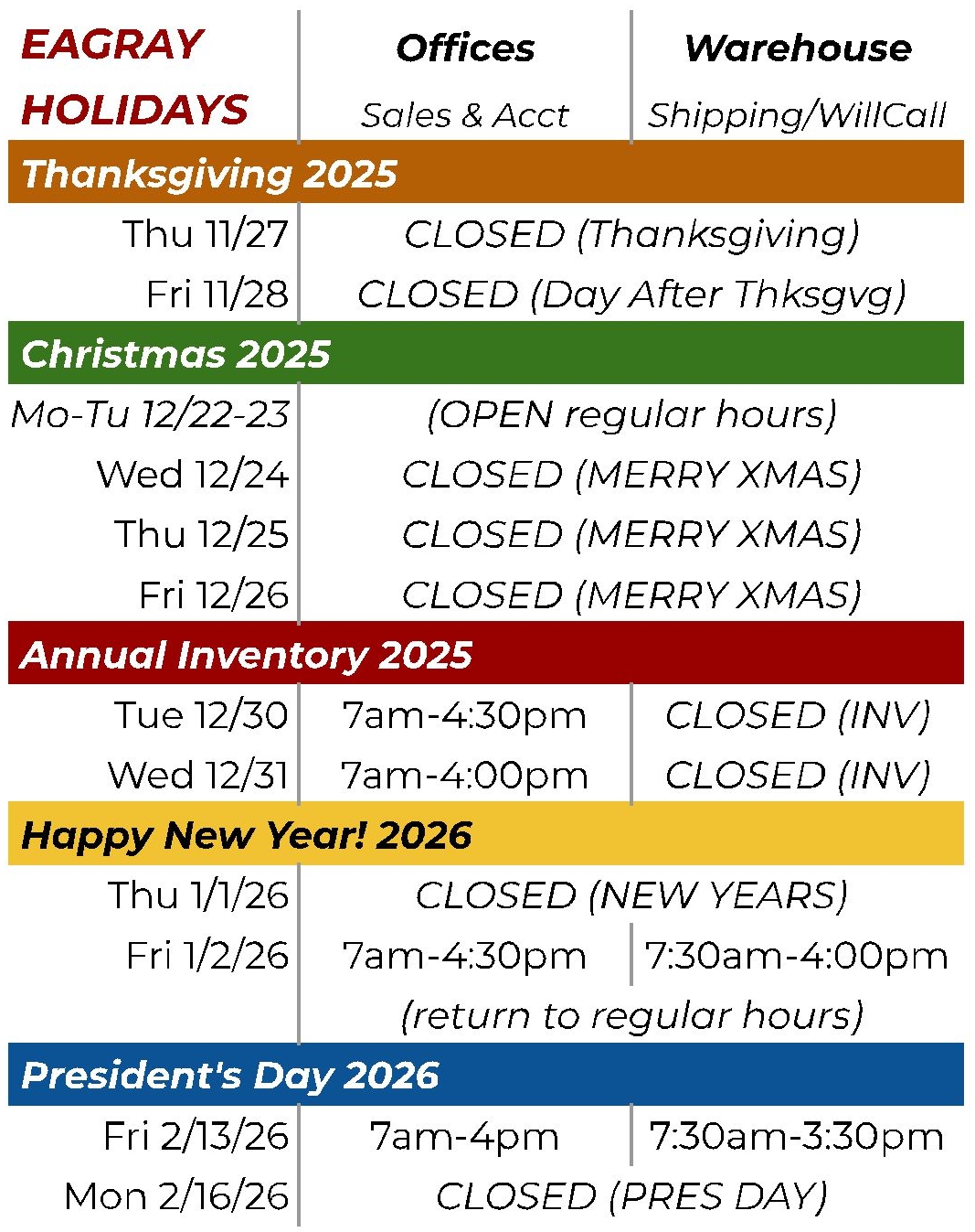 2025 Holiday Sched EAG